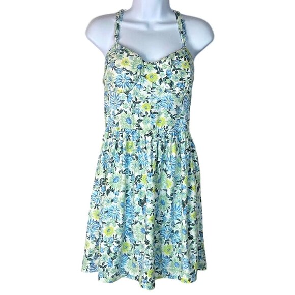 No Boundaries Juniors Crochet Back Blue Floral Cottagecore Flare Mini Dress Sz L - Picture 2 of 7